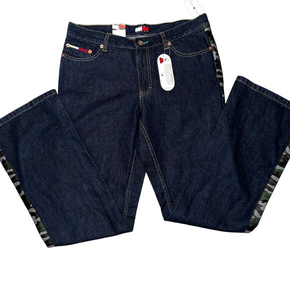 Y2K Tommy Girl Hipster flare low rise dark denim jeans with camouflage size 11 - Picture 1 of 9